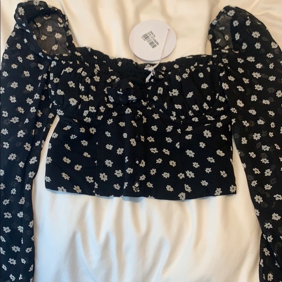 Floral Black Top with Sheer Sleeves - Picture 3 of 5